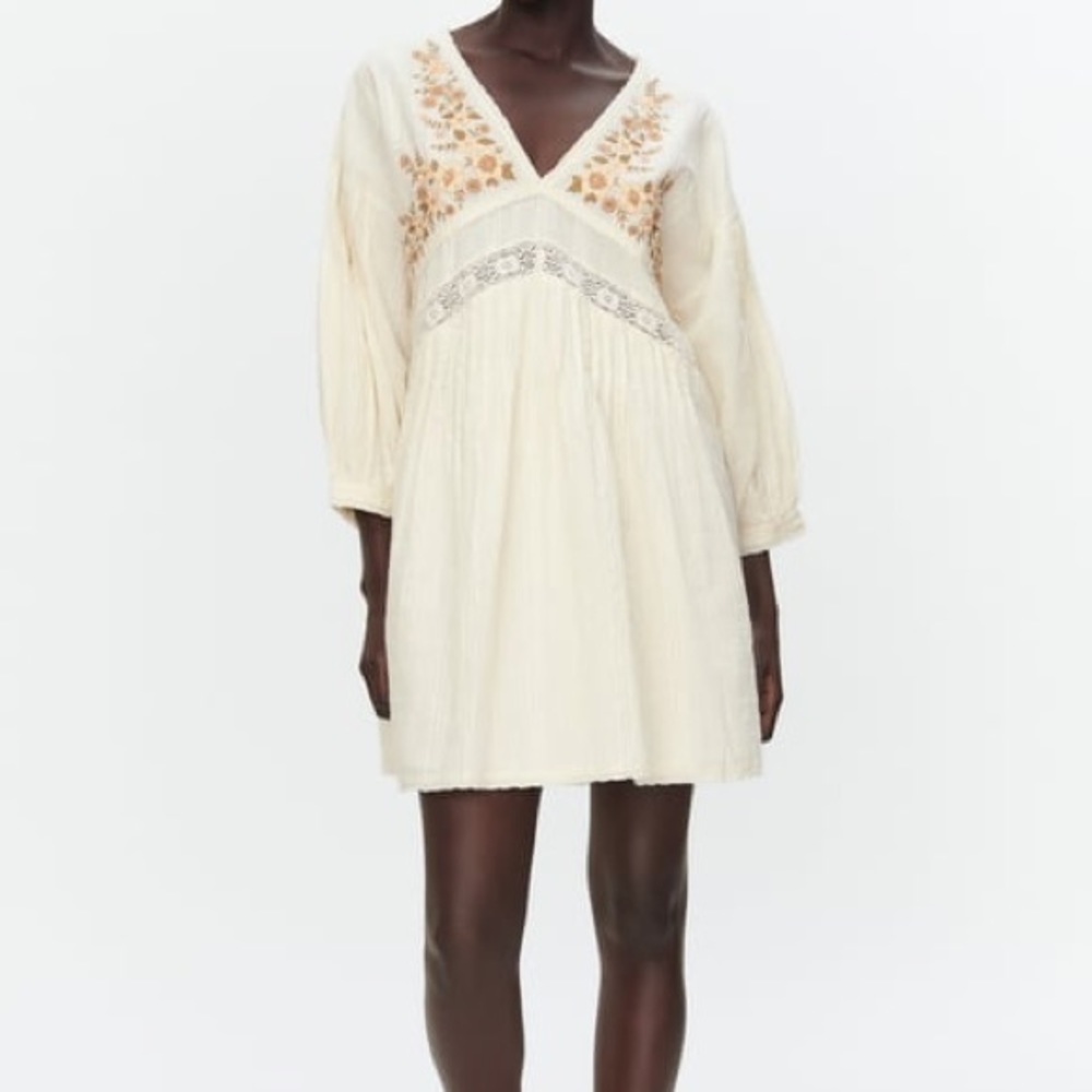 NWT Zara Boho‎ Floral Embroidered Tunic Mini Dress